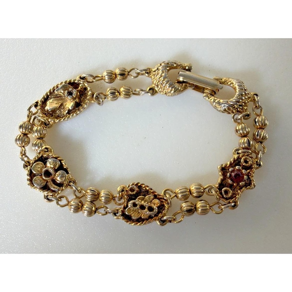 Vtg GOLDETTE Double Strand Slide Charm Bracelet Rhinestones Gold Tone Flowers 7"